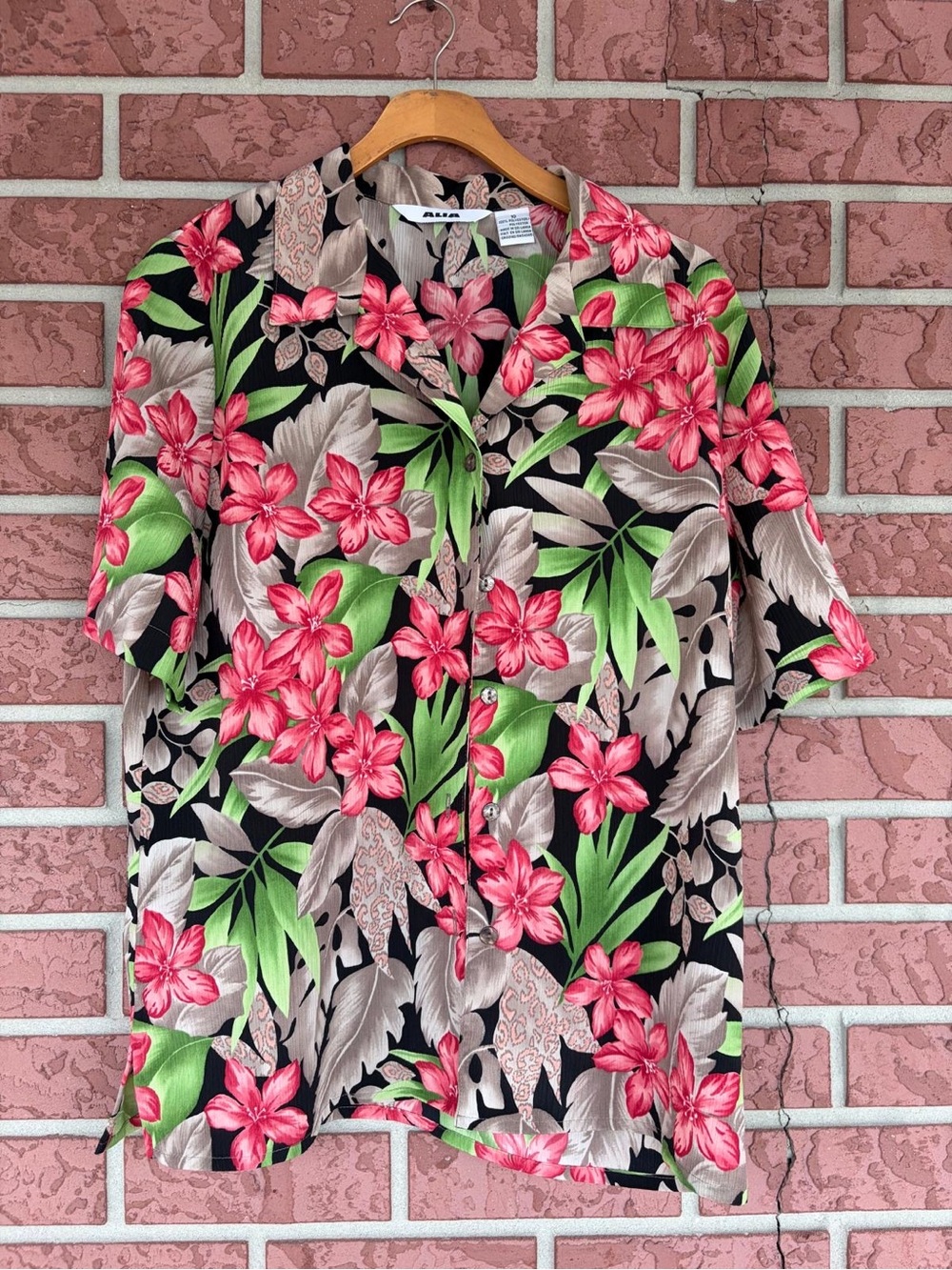 Alia Black Button-Down Shirt with Pink Floral & Green Leaves